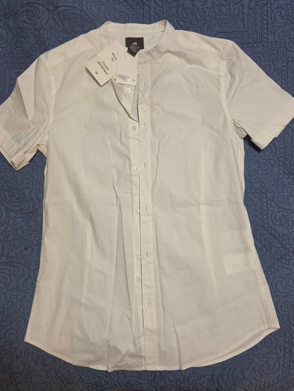 NWT H&M Men Muscle Fit Short Sleeve Grandad Collar Shirt White S 96CottonElastic